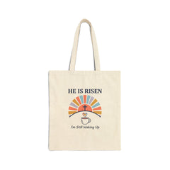 He Is Risen tote, Christian Easter tote | faith-based humor, sunrise design