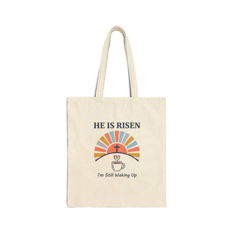 He Is Risen tote, Christian Easter tote | faith-based humor, sunrise design