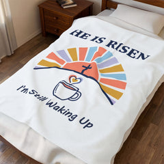 He Is Risen Coffee Mug Design Velveteen Blanket | Christian Easter, Faith-Based Humor