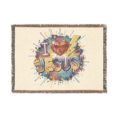 I Love Jesus Woven Blanket – Christian Faith Throw with Heart & Lightning Design